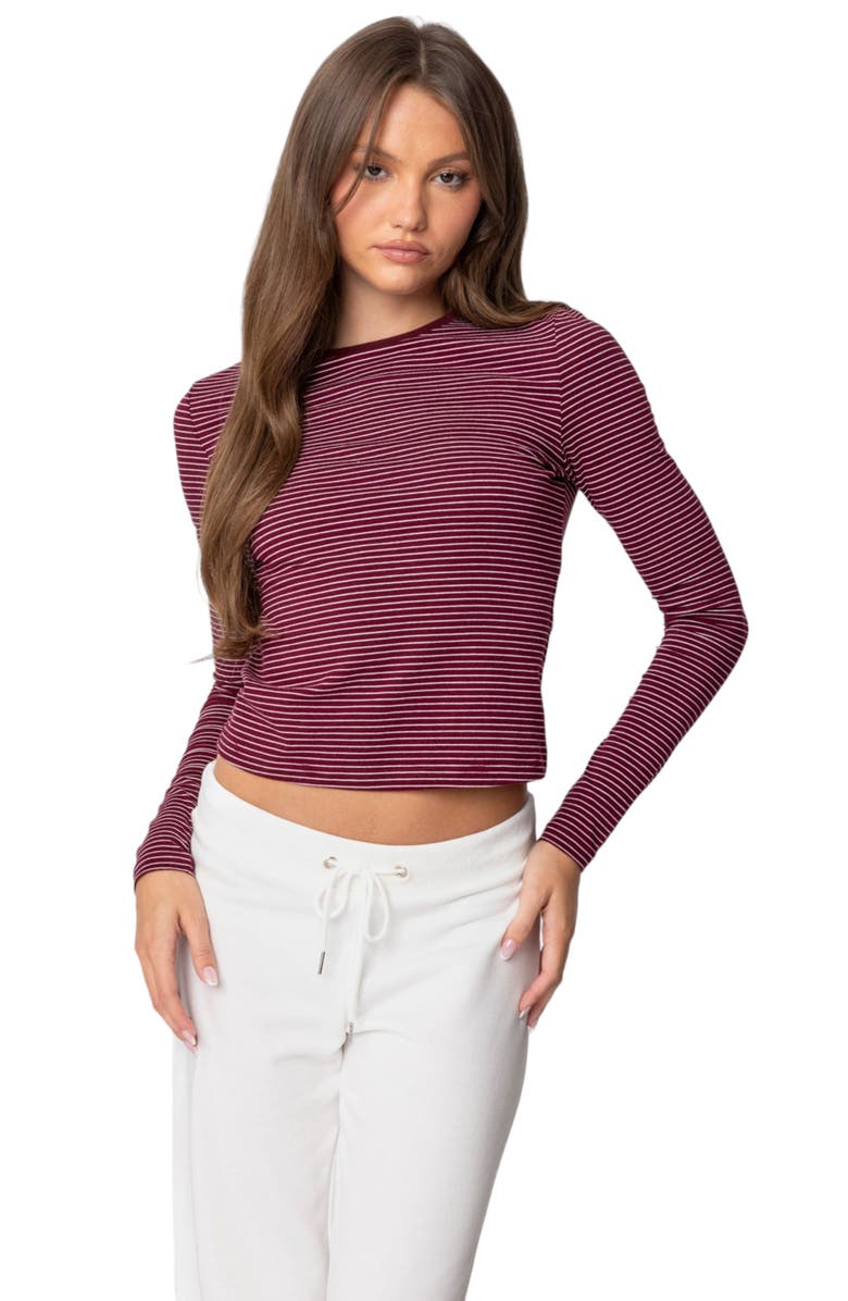 EDIKTED Brianna Stripe Stretch Cotton T-Shirt, Alternate, color, Burgundy