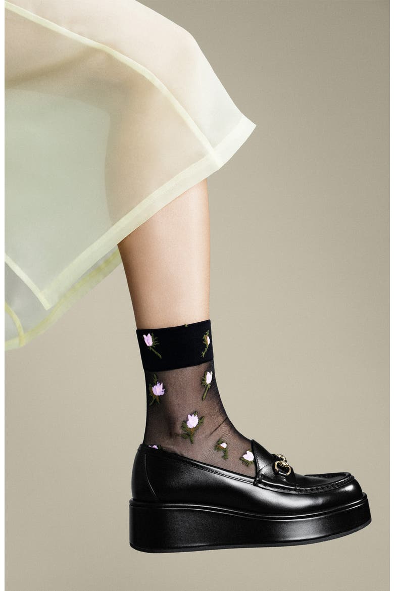 Rosebud Sheer Crew Socks, Alternate, color, BLACK