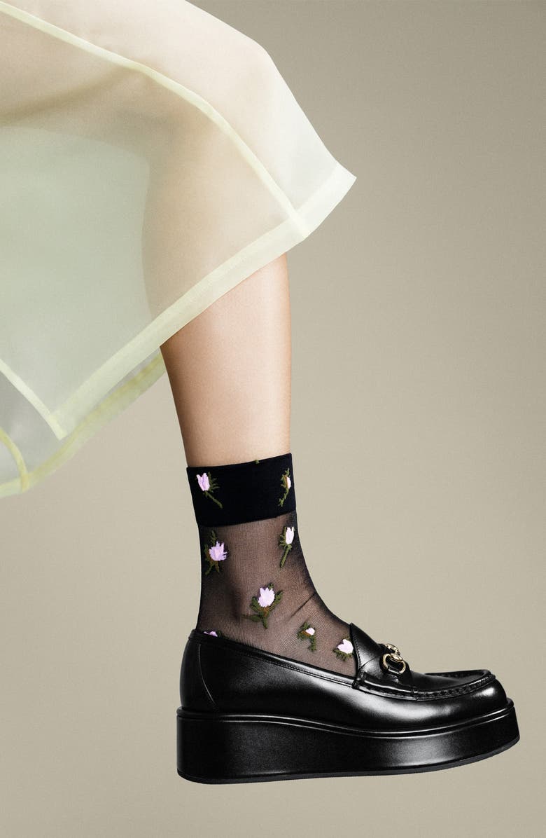 Hansel From Basel Rosebud Sheer Crew Socks, Alternate, color, Black