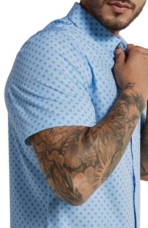 7 Diamonds Eldon Tile Print Short Sleeve Performance Button-up Shirt In Light Blue