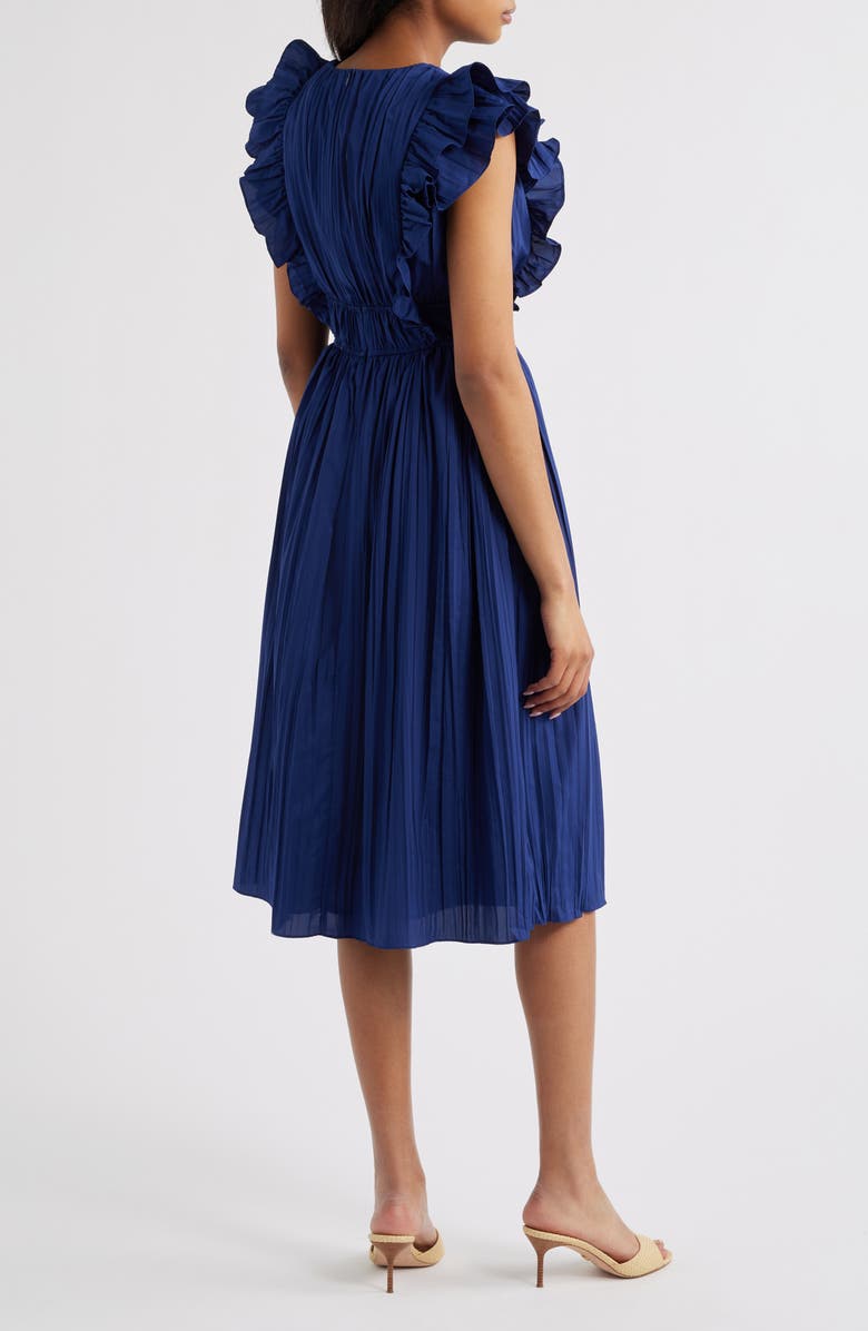 Eliza J Ruffle Trim Pleat Dress, Alternate, color, Navy