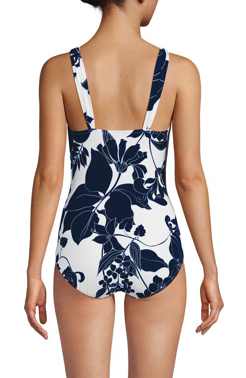 Lands' End Slender Suit Grecian One Piece Swimsuit In White/deep Sea Navy Lilies