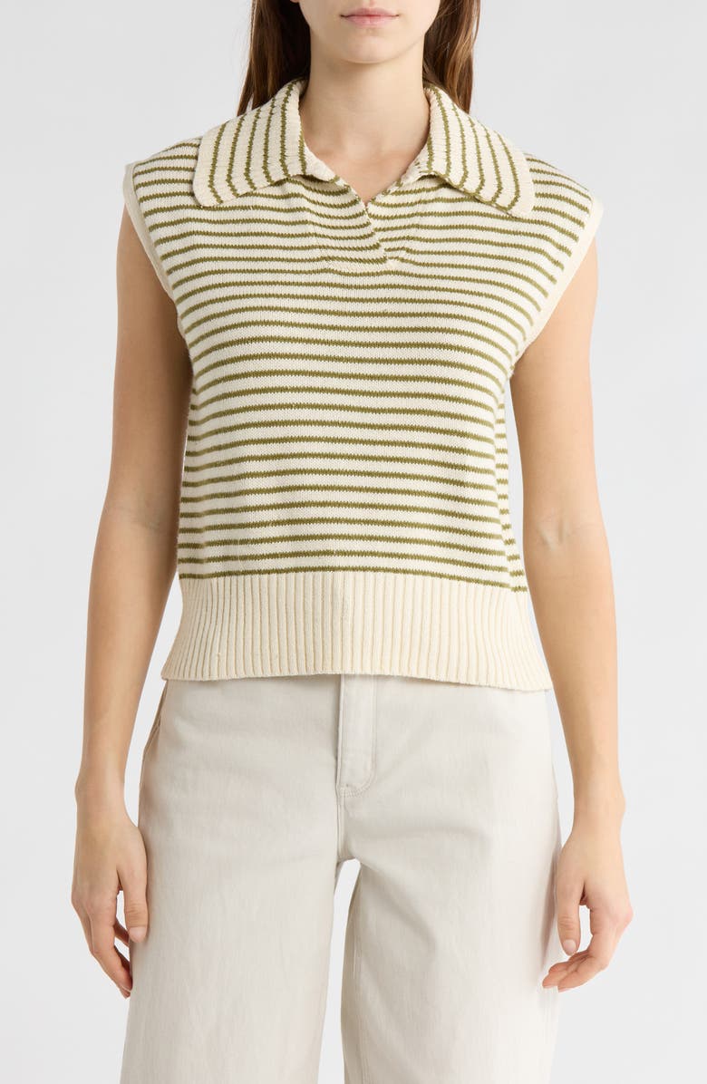 ELIE ELIE TAHARI Stripe Johnny Collar Sweater, Main, color, Natural/ Sage Green Stripe