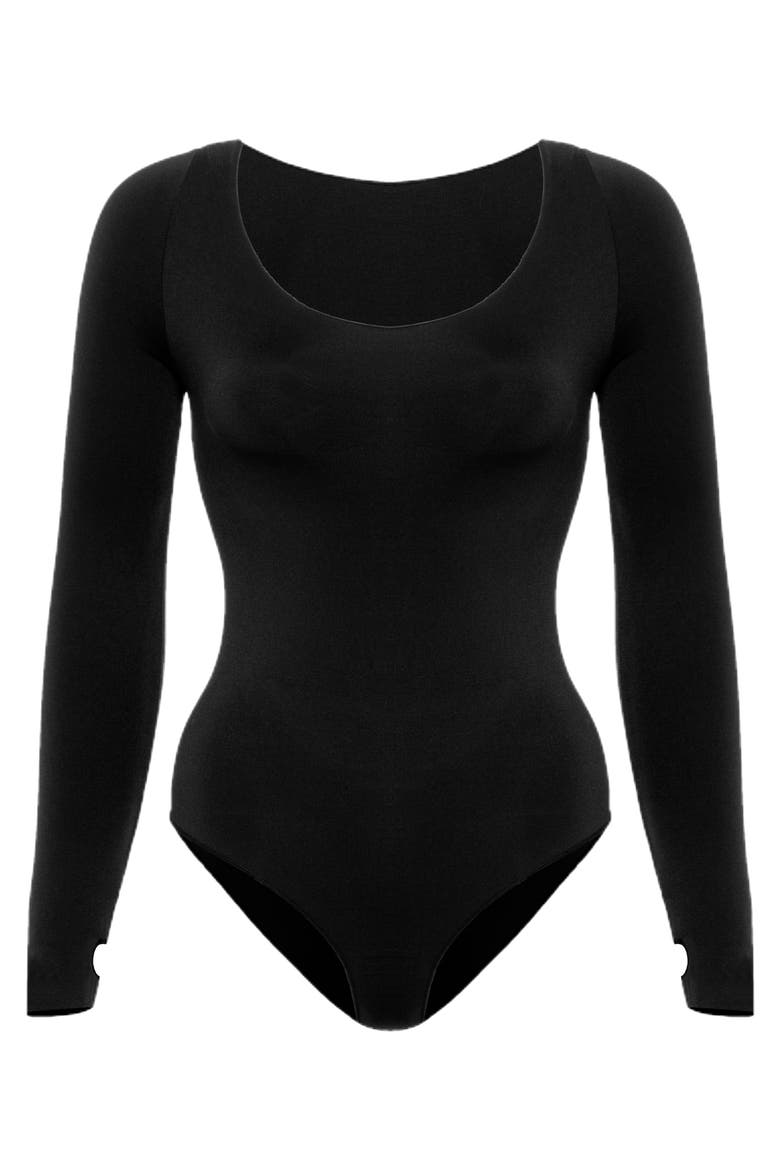 Scoop Neck Long Sleeve Bodysuit, Alternate, color, Black