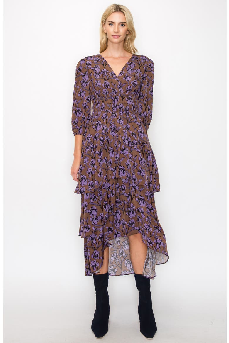 Floral Tiered Midi Dress, Alternate, color, BROWN PURPLE PRINT