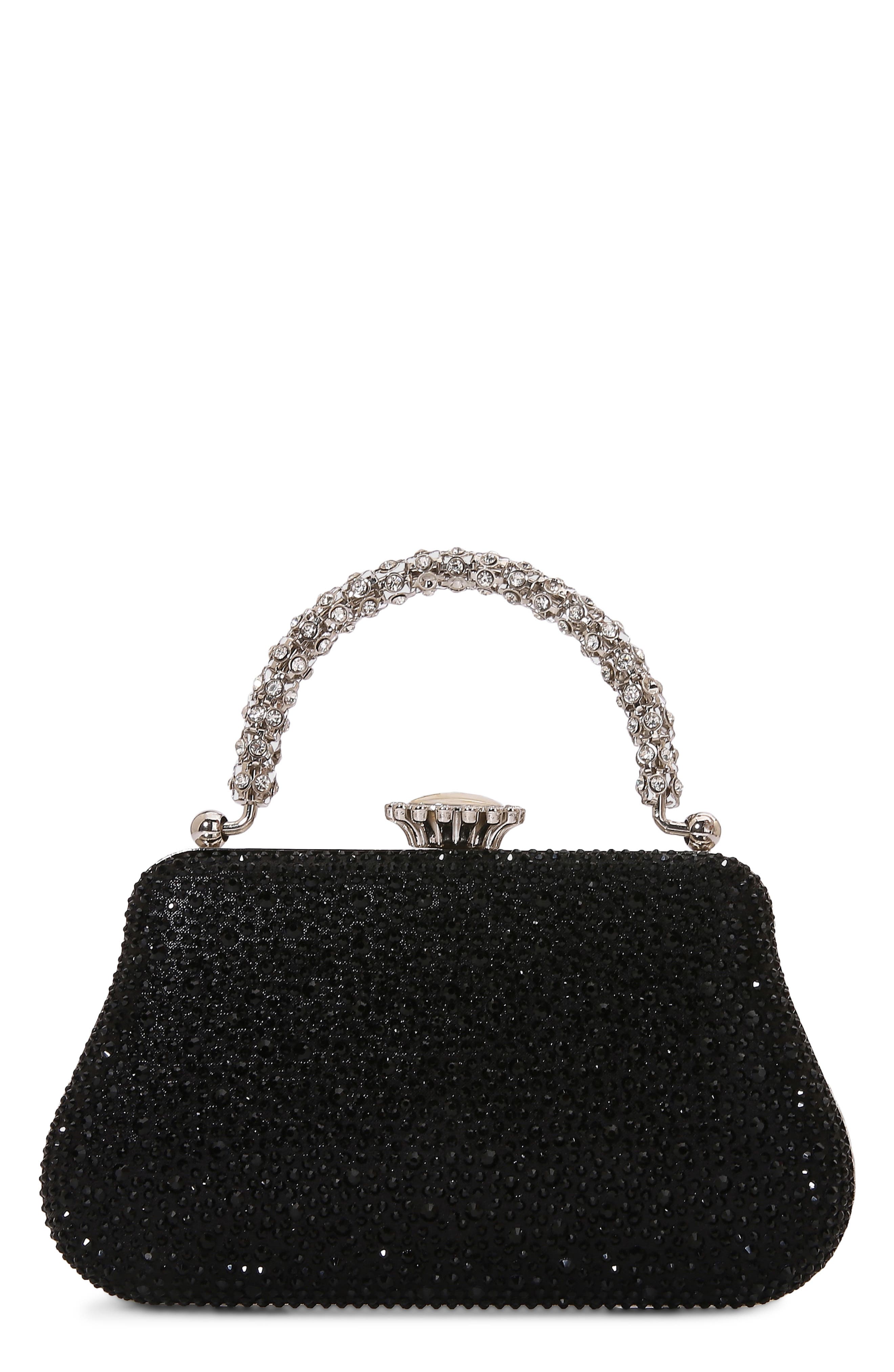 Jewel Handle Rhinestone Clutch, Main, color, BLACK