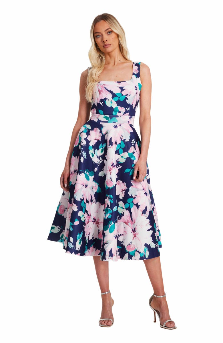 QUIZ Floral Scuba Foam Square Neck Maxi Skater, Main, color, Navy