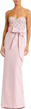 Mac Duggal Strapless Crepe Embellished Bustier Gown With Bow