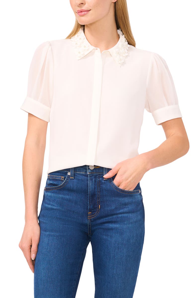 CeCe Floral Embellished Collar Georgette Top, Main, color, New Ivory