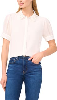 CeCe Floral Appliqué Button-Up Shirt