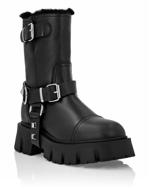 Leather Biker Boots Studs Women