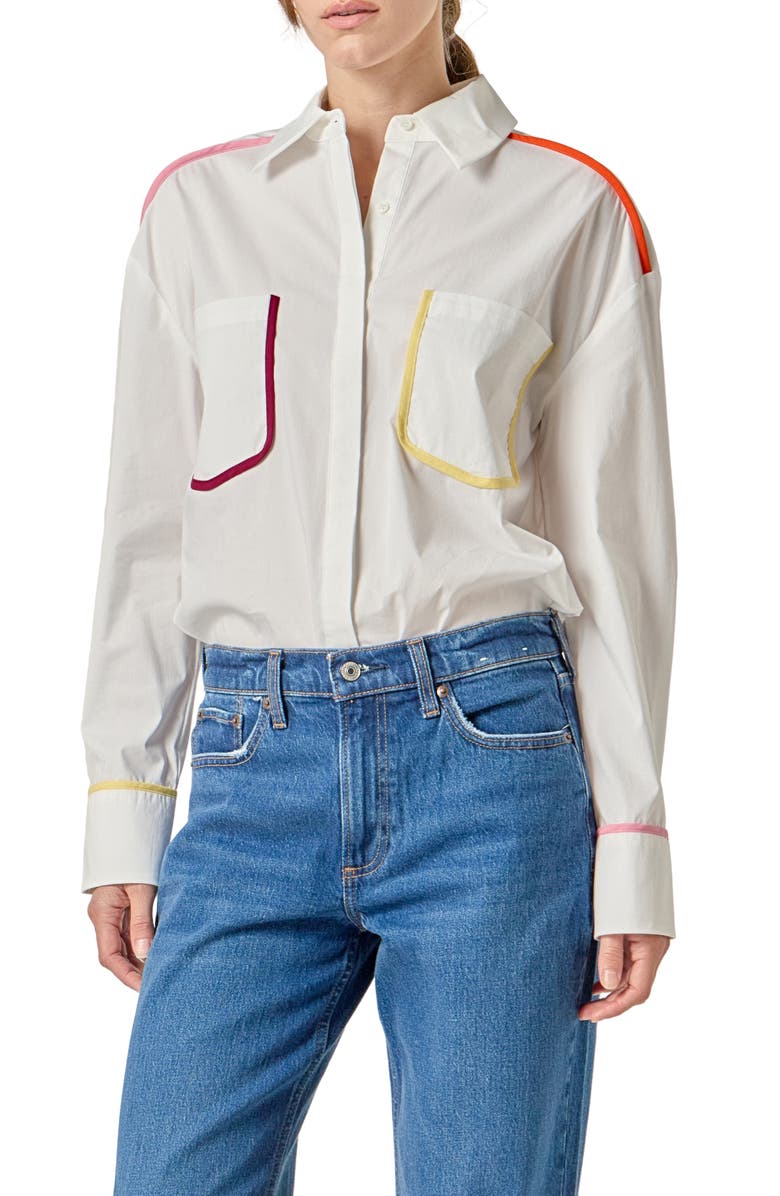 English Factory Flat Binding Button-Up Shirt, Alternate, color, Ivory Multi