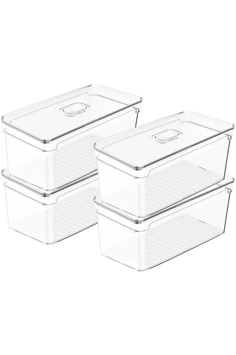 Clear Stackable Fridge Organizer Bin with Drain Tray and Vented Lid, 4 Pack, Main, color, Clear with White Drainer