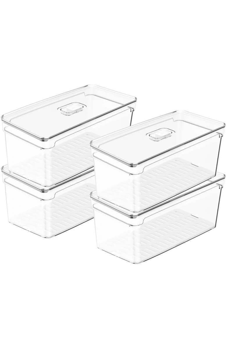 OU Clear Stackable Fridge Organizer Bin with Drain Tray and Vented Lid, 4 Pack, Main, color,