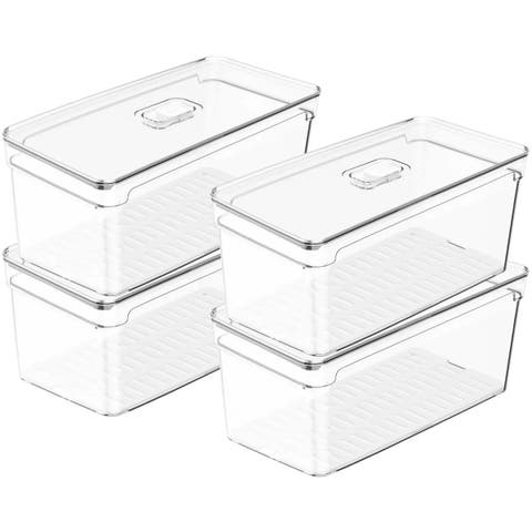 Clear Stackable Fridge Organizer Bin with Drain Tray and Vented Lid, 4 Pack