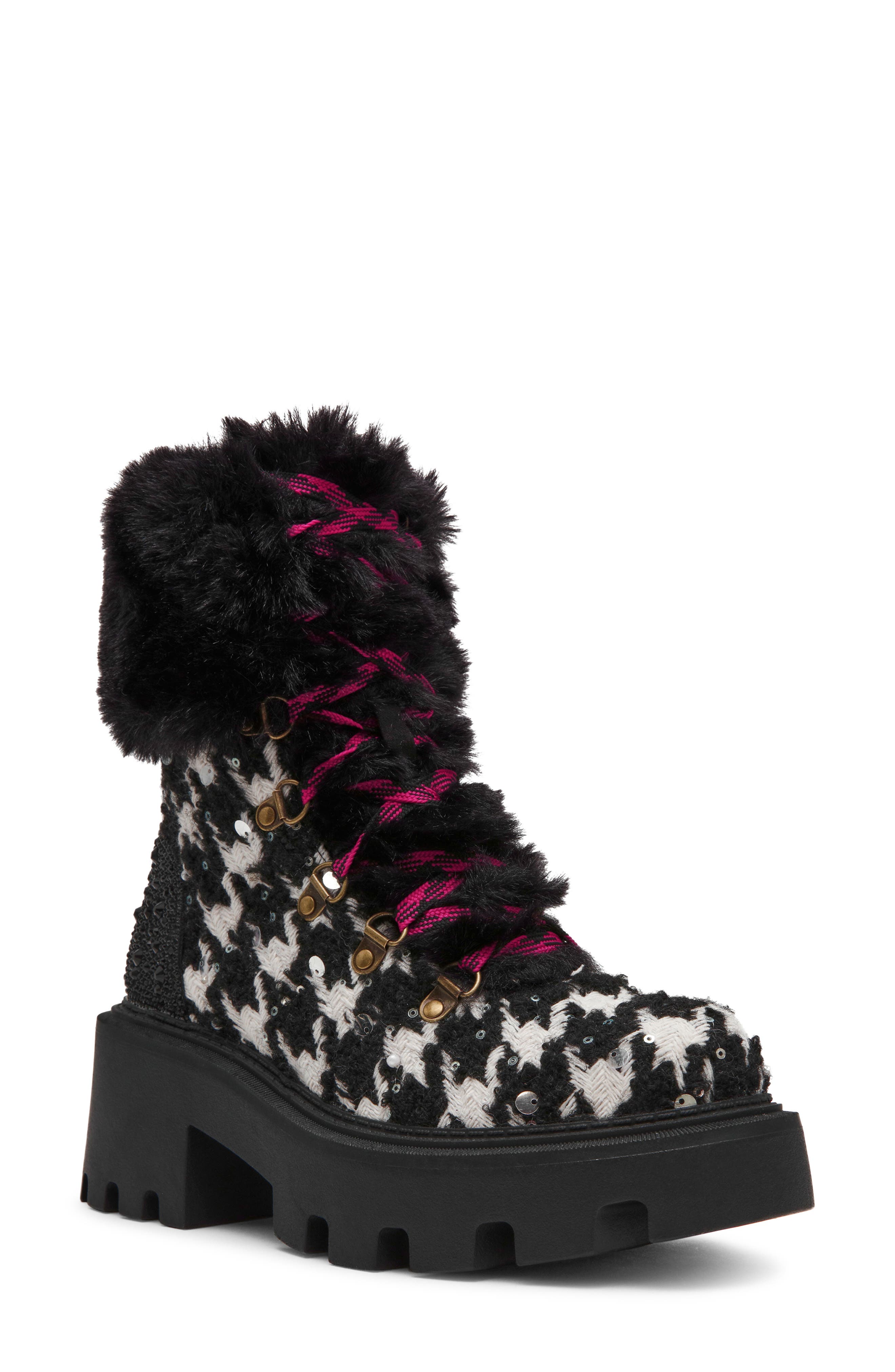 Matillda Platform Boot with Faux Fur Trim, Main, color, HOUNDSTOOTH