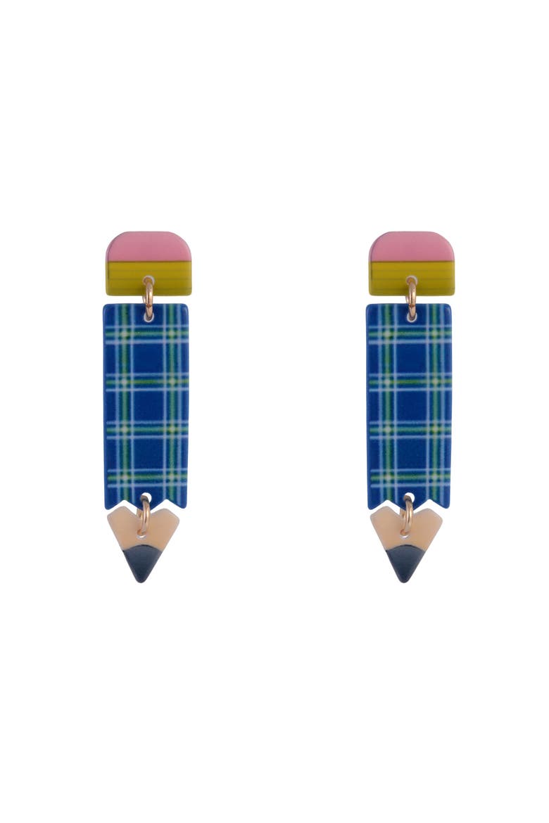 Acrylic Plaid Pencil Earrings, Alternate, color, Blue