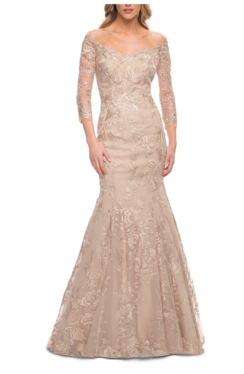 La Femme Long Lace Mermaid Gown with Off the Shoulder Top, Main, color, Champagne