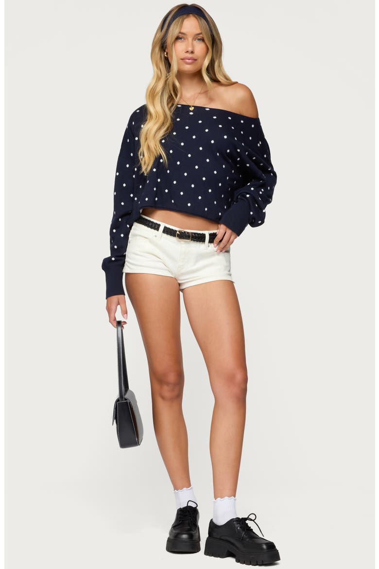 Oversize Off the Shoulder Polka Dot Sweater, Alternate, color, NAVY