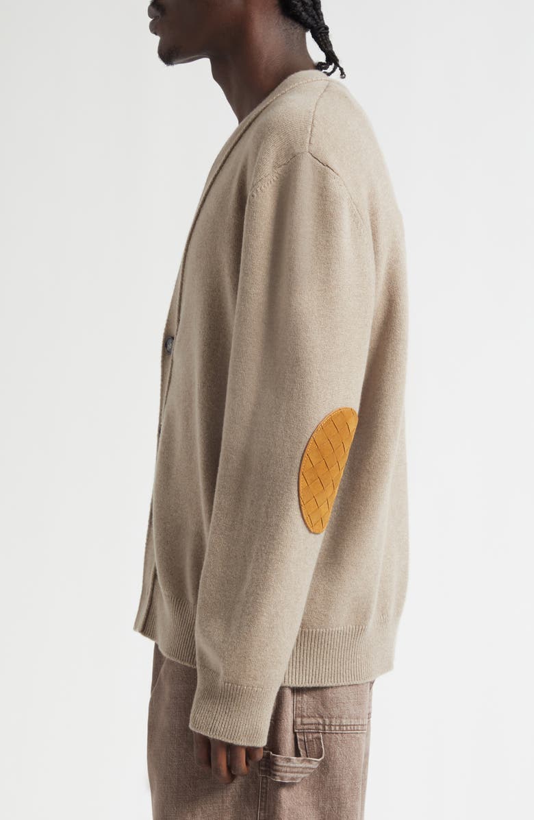 Bottega Veneta Classic Cashmere Blend V-Neck Cardigan with Intrecciato Leather Elbow Patches, Alternate, color, 9713 Beige