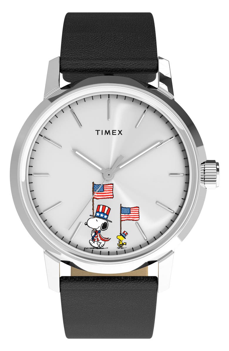 Timex<sup>®</sup> Peanuts<sup>®</sup> x Timex Marlin<sup>®</sup> Automatic Americana 40mm Leather Strap Watch, Main, color, Silver-Tone