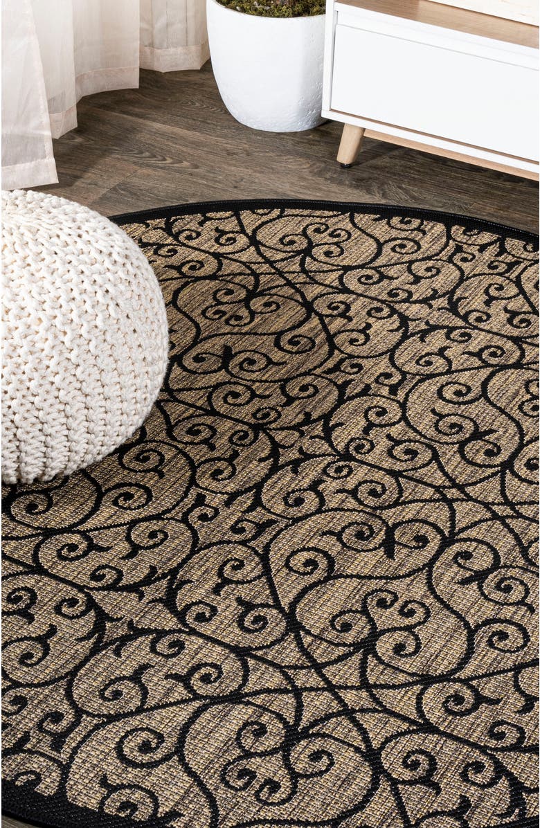 JONATHAN Y Madrid Vintage Filigree Textured Weave Indoor/Outdoor Round Area Rug, Alternate, color, Black/Khaki