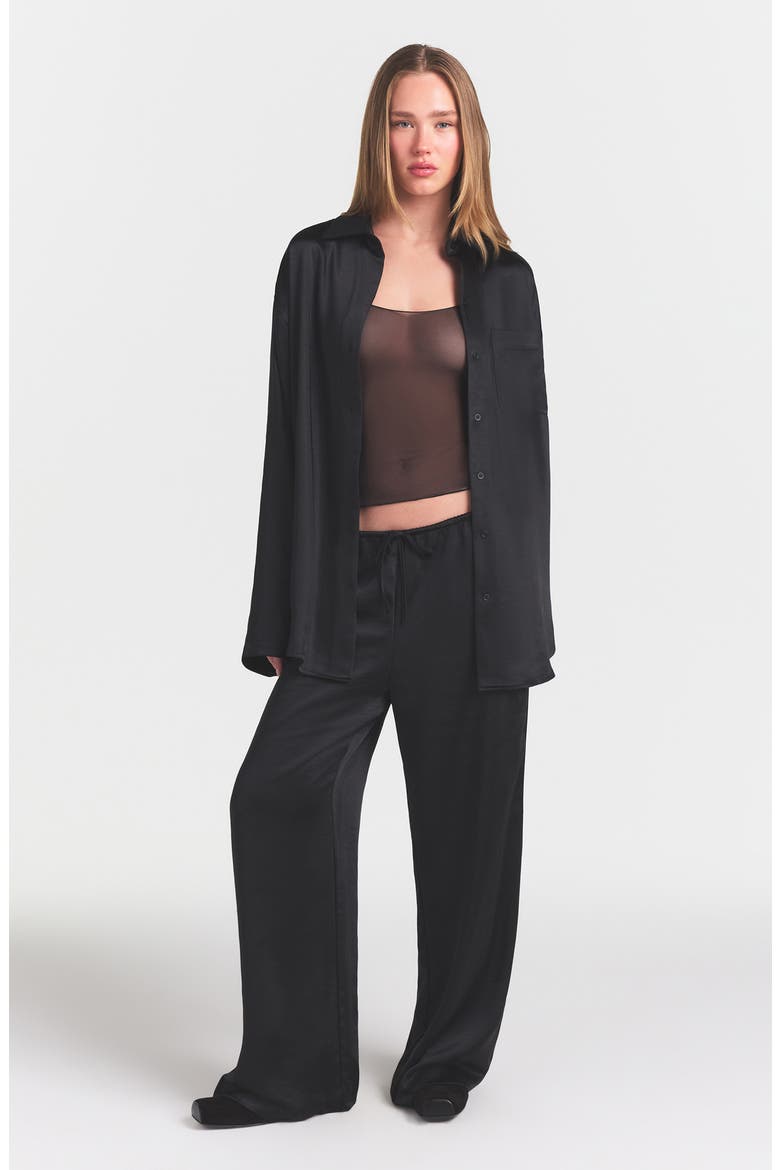 Lightweight Stretch Satin Button-Up Shirt, Alternate, color, OBSIDIAN