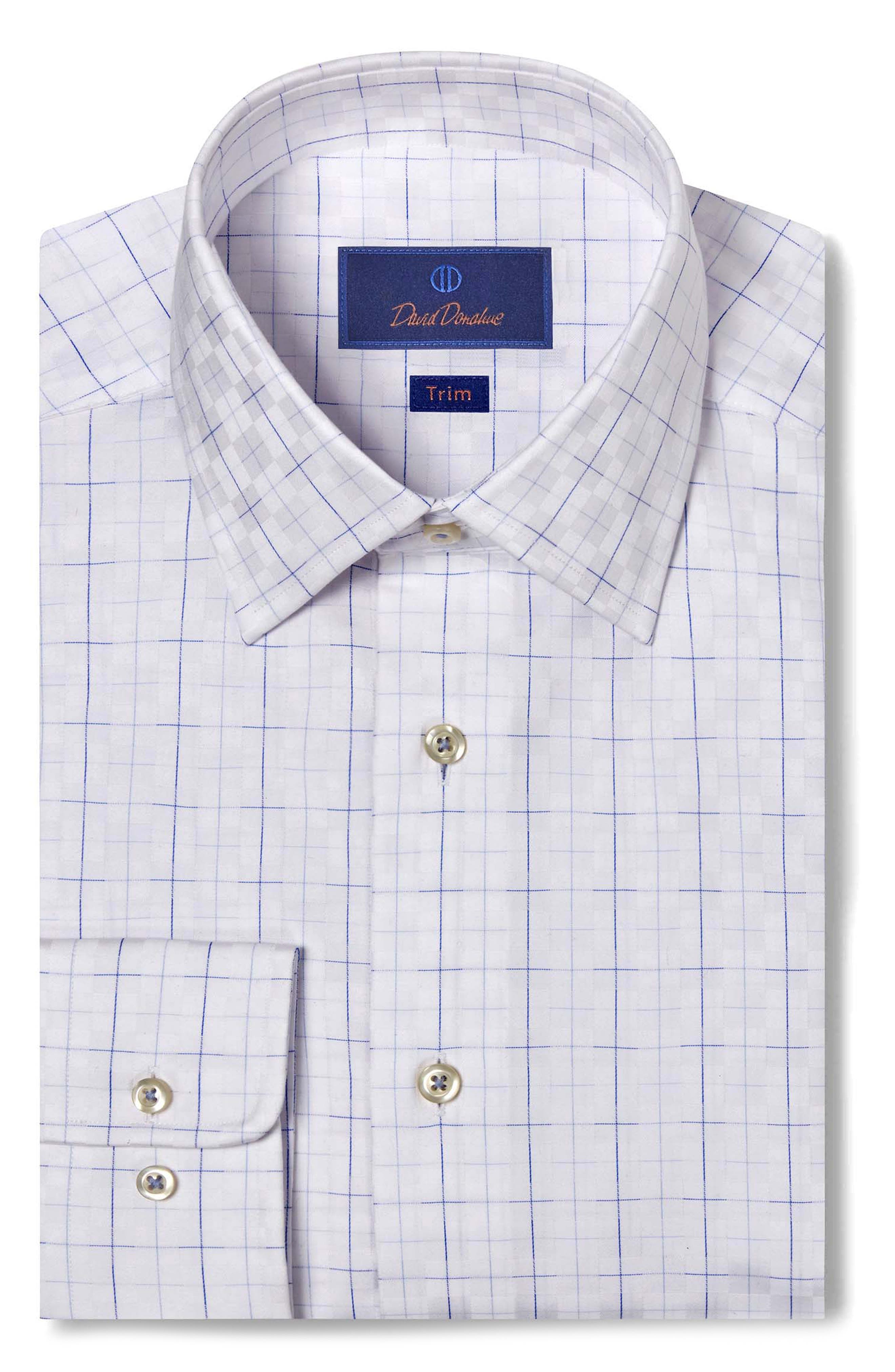 David Donahue Trim Fit Check Cotton Sateen Dress Shirt in White/Blue 