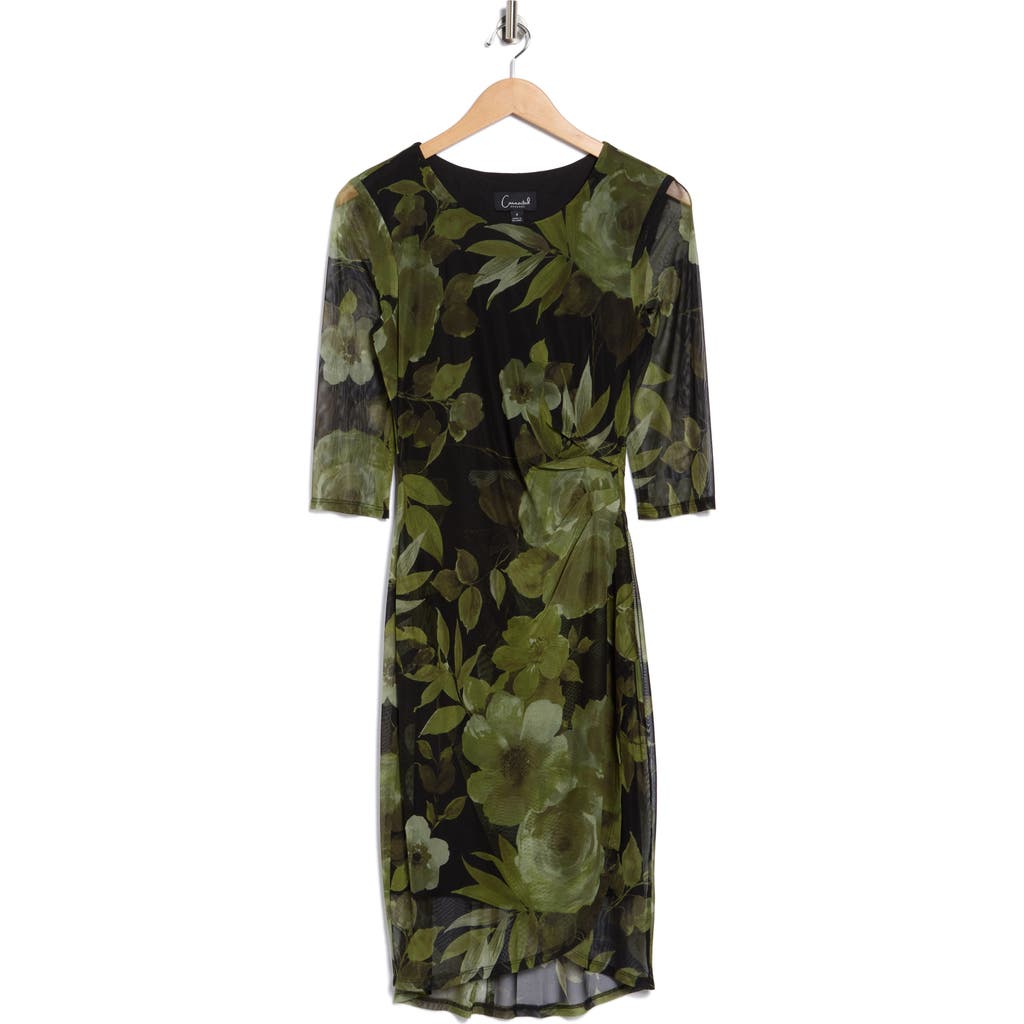 Connected Apparel Three-quarter Sleeve Mesh Faux Wrap Dress In Green