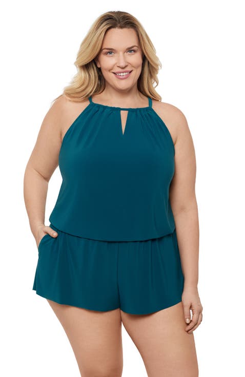 Plus Size Keyhole Blouson Slimming Swimsuit Romper with Pockets