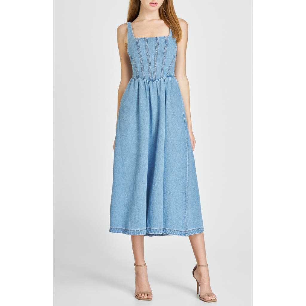 Wayf Daisy Sleeveless Denim Midi Dress In Vintage Blue