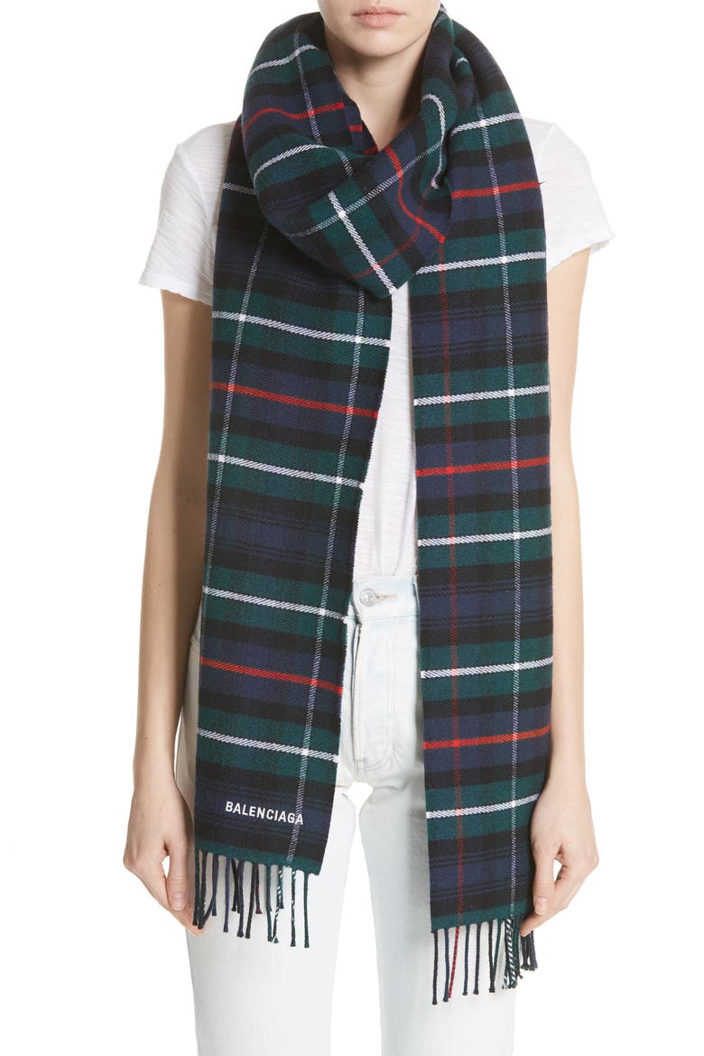 Plaid Logo Scarf, Alternate, color, DARK GREEN/ BLUE