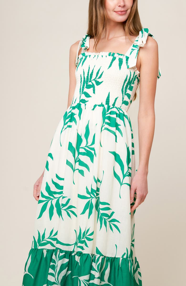 FLYING TOMATO Leaf Print Tie Strap Tiered Maxi Dress, Alternate, color, Ivory Green