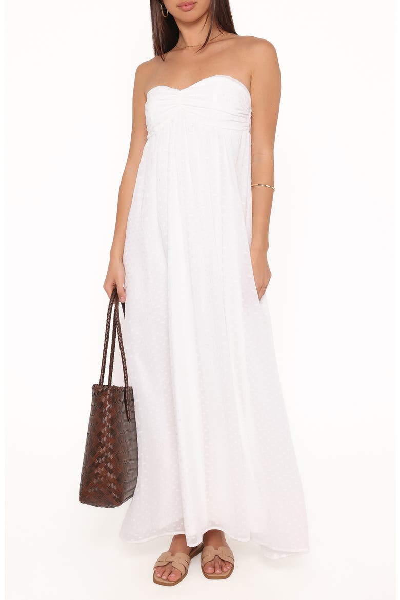 Vee Clip Dot Strapless Maxi Dress, Main, color, WHITE
