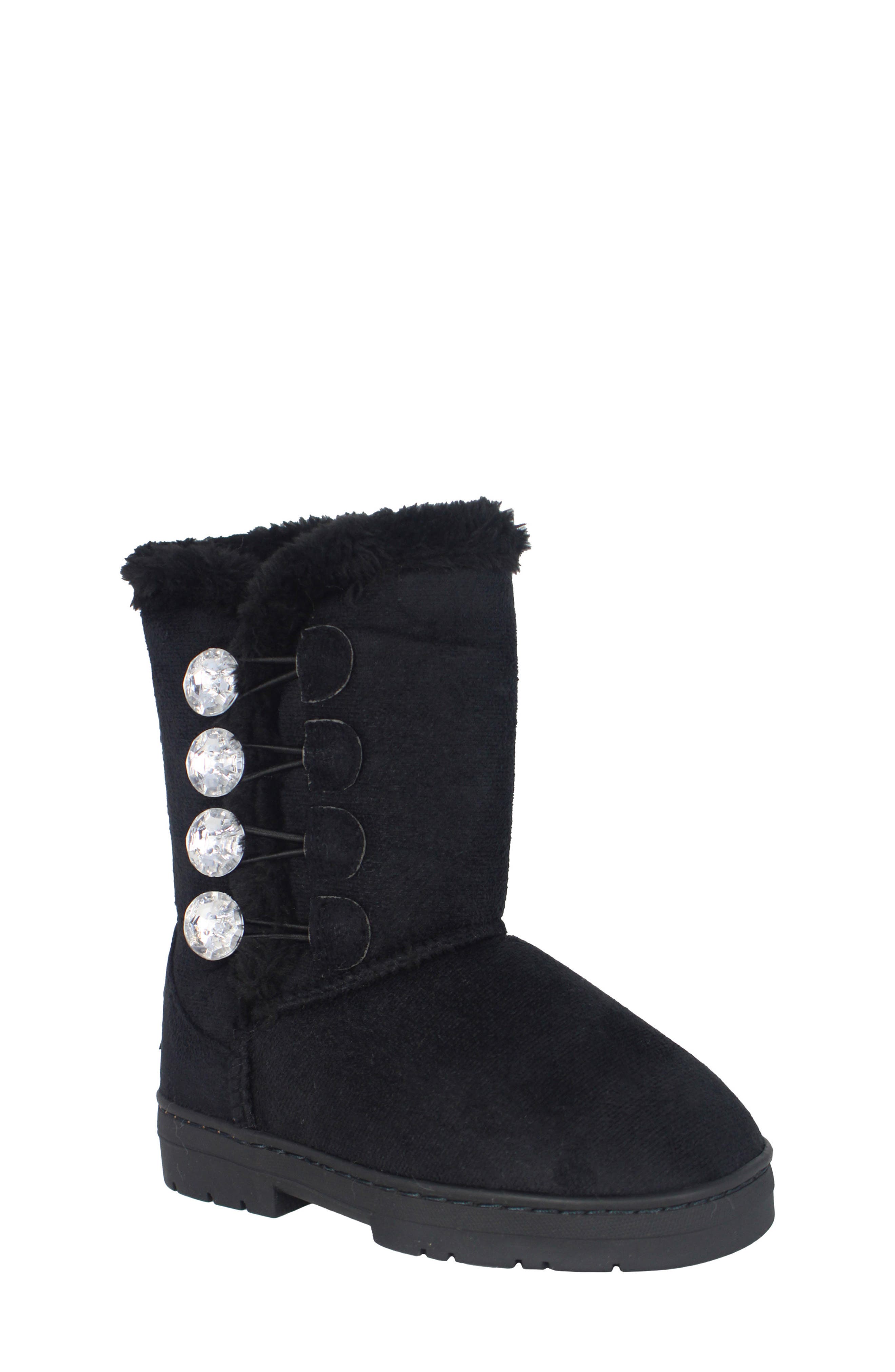 bebe Kids' Rhinestone Button Faux Fur Lined Trim Boot, Main, color, 