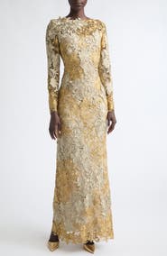 Oscar de la Renta Hibiscus Metallic Long Sleeve Guipure Lace Gown
