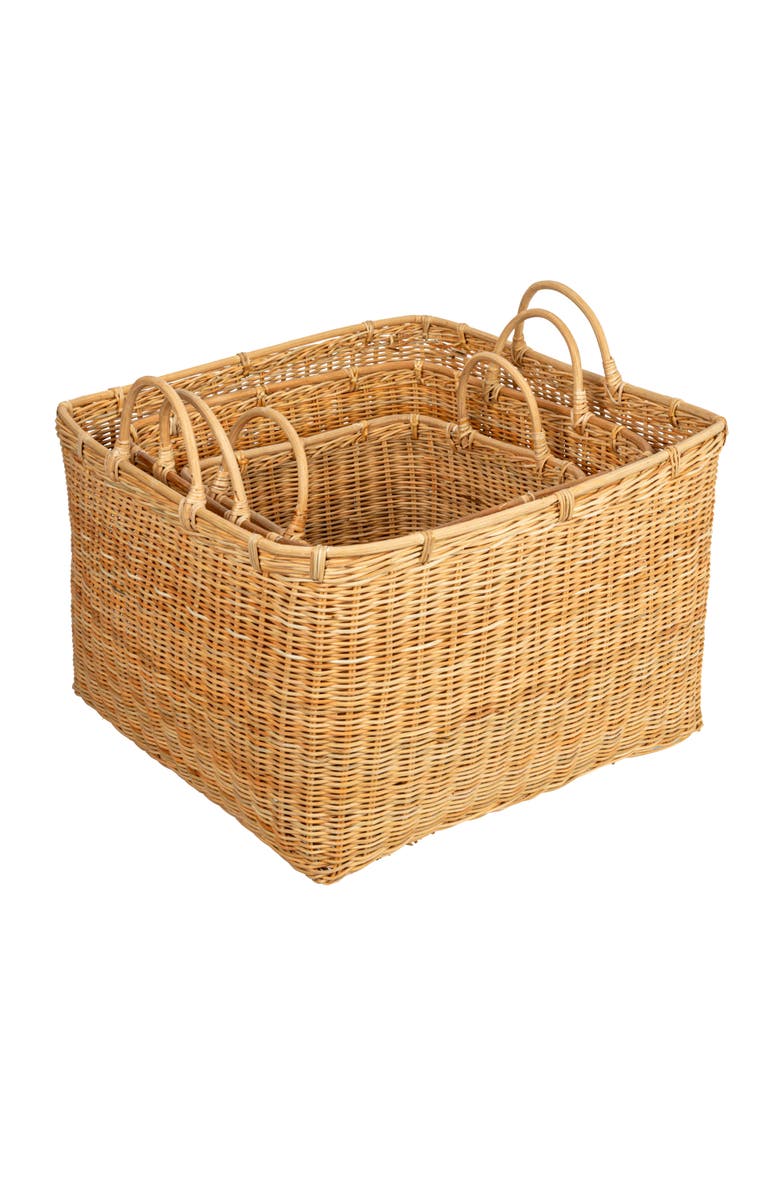 Storied Home Square Rattan Baskets with Handles, Natural, Set of 3, Main, color, Natural