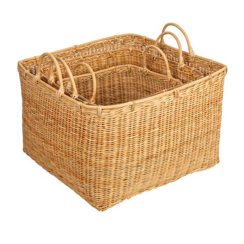 Square Rattan Baskets with Handles, Natural, Set of 3