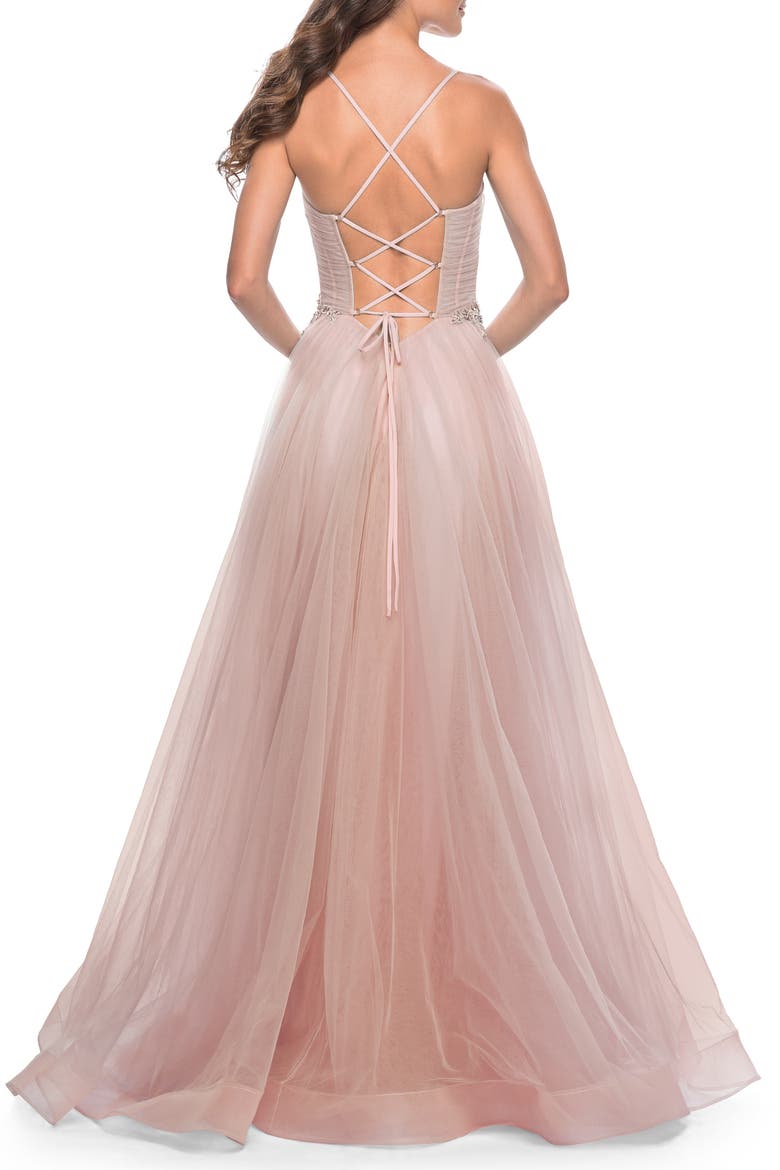 A-Line Prom Gown with Ruched Bodice and Rhinestone Belt Detail, Alternate, color, Mauve