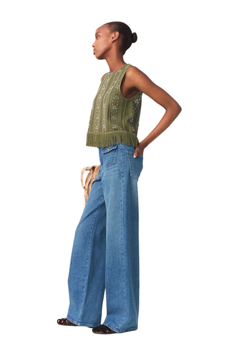 Fringed rhinestone flower top, Alternate, color, Khaki