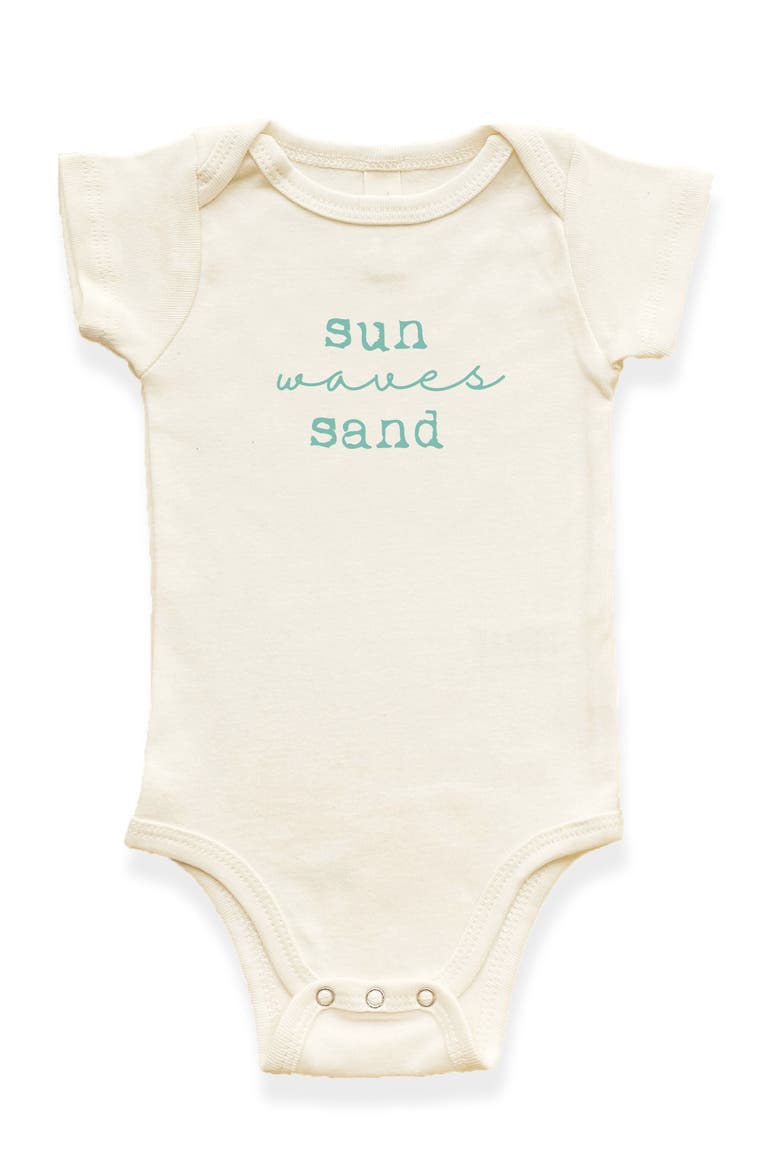 Sun Waves Sand - Organic Short Sleeve Baby Bodysuit, Main, color, Natural Seafoam Lettering