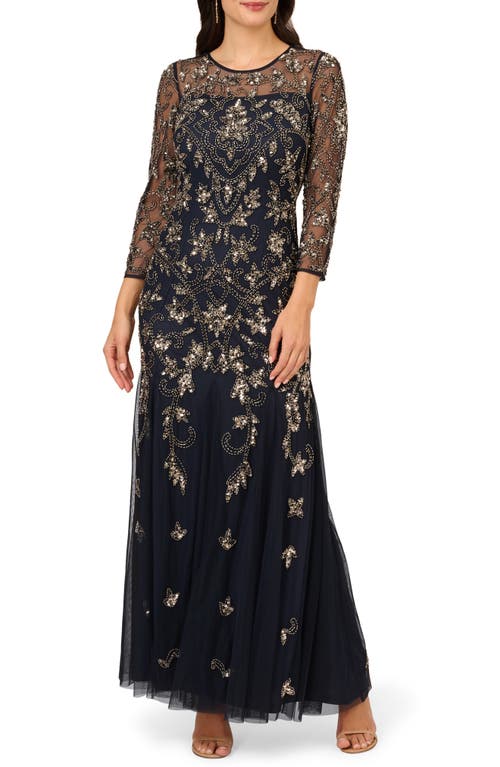 Adrianna Papell Beaded Long Sleeve Goddet Gown