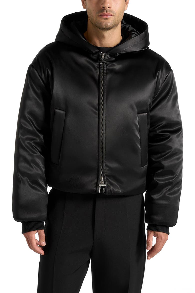 Dario Satin Cropped Hooded Jacket, Alternate, color, Black