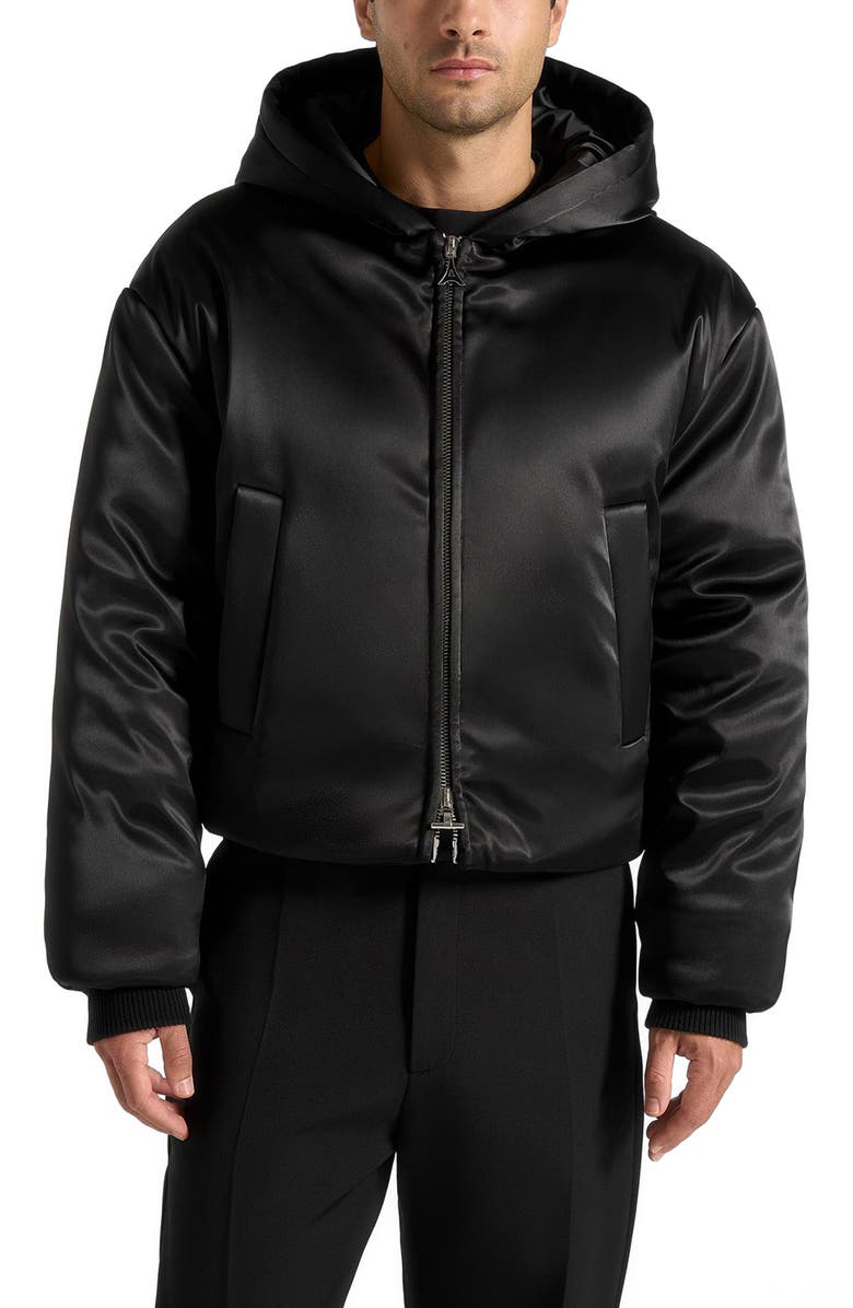 Manière De Voir Dario Satin Cropped Hooded Jacket, Alternate, color, Black