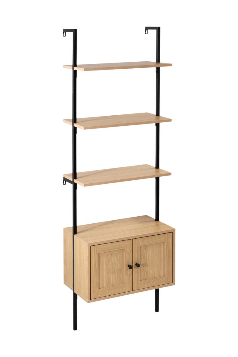 Tulare MidCentury Industrial 4-Shelf Wood Wall-Mounted Open Ladder Bookcase with Cabinet and Metal Frame, Main, color, Light Oak/Black