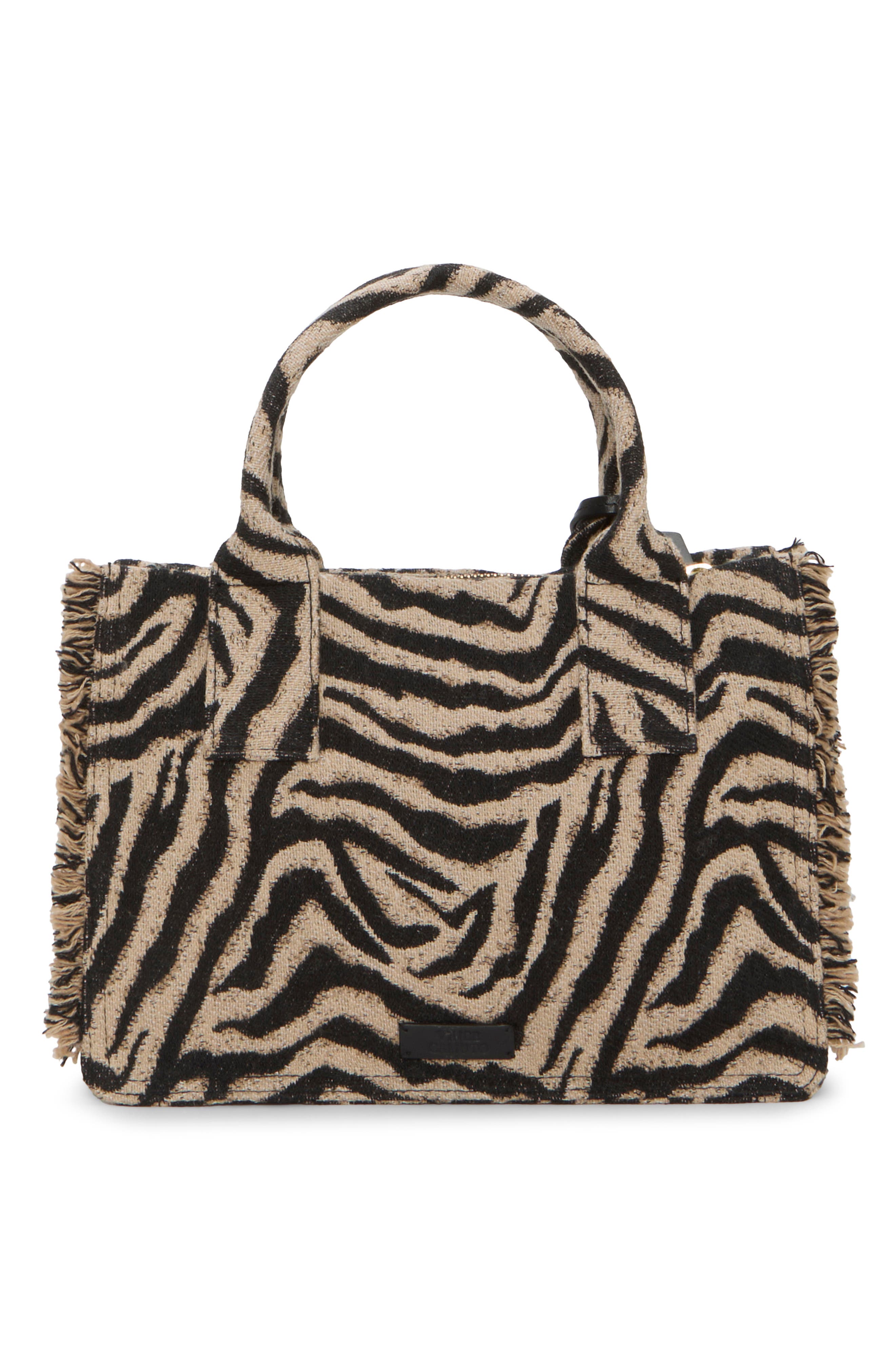 Vince Camuto Zhury Zebra Stripe Fringe Trim Tote, Alternate, color, Brown
