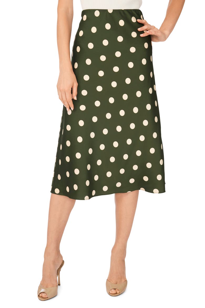 Polka Dot Satin Midi Skirt, Main, color, MIDNIGHT SAGE