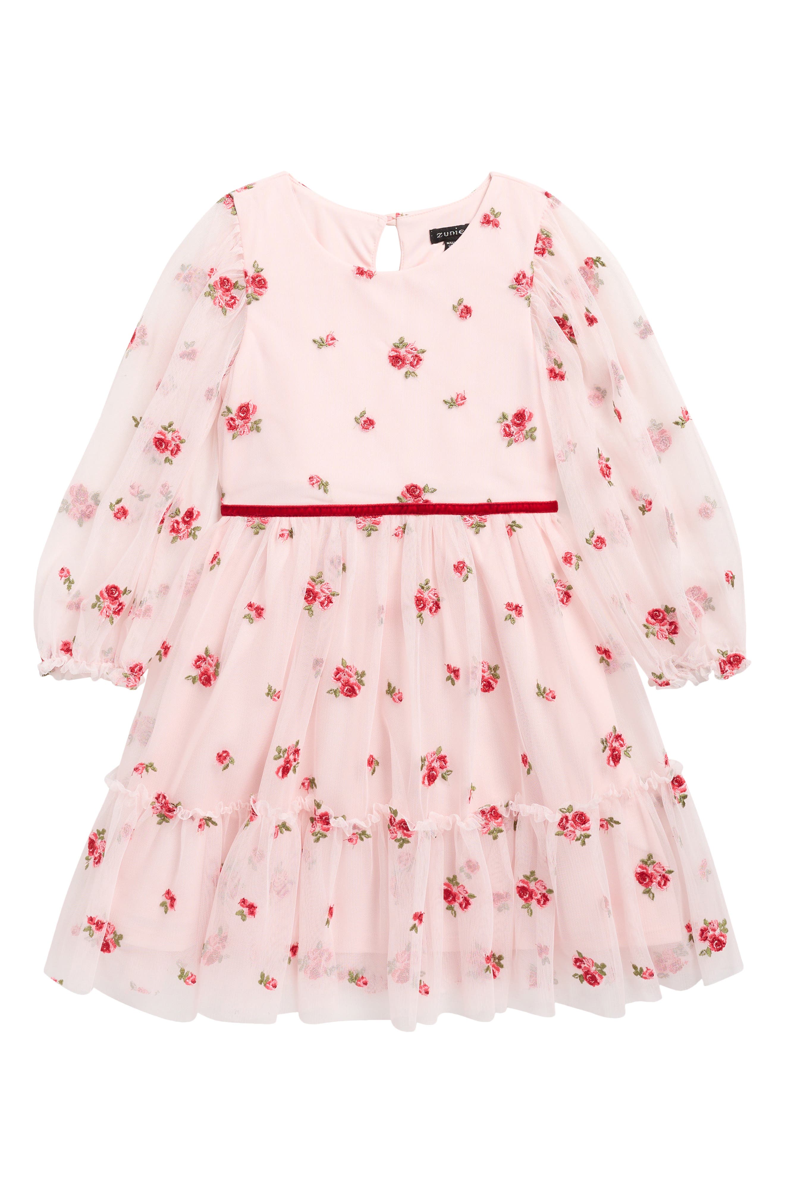 Zunie Kids' Floral Embroidered Mesh Tiered Party Dress