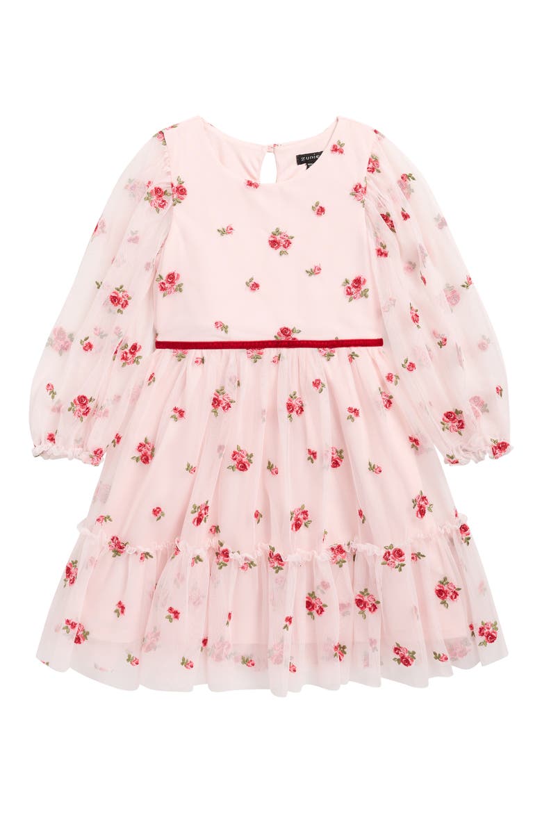 Kids' Floral Embroidered Mesh Tiered Party Dress, Main, color, PINK