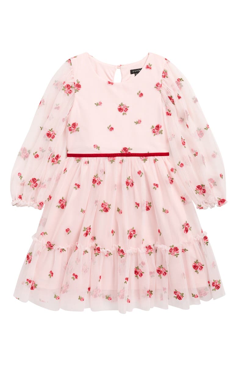 Zunie Kids' Floral Embroidered Mesh Tiered Party Dress, Main, color, Pink